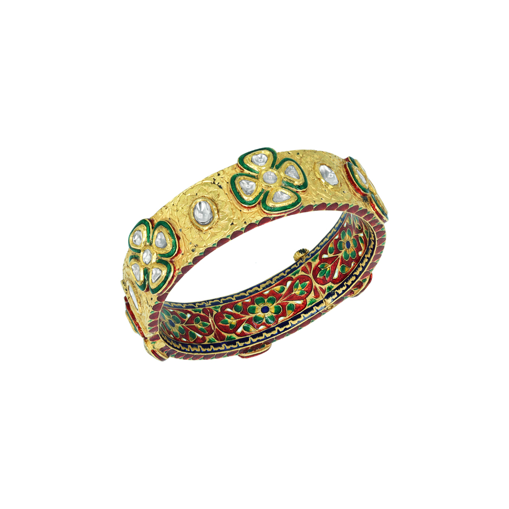 Polki Diamond Bangle with Floral Motifs and Meenakari Enamel